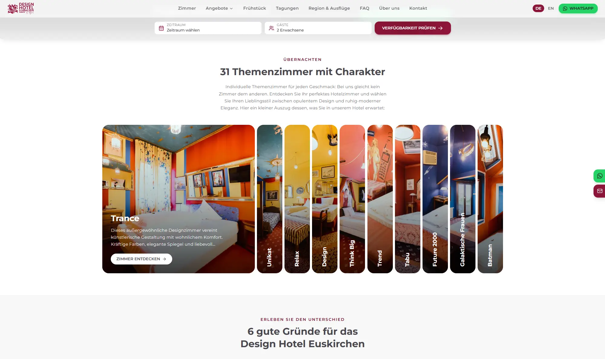 Startseite der neuen Website des Design Hotel Euskirchen: der Abschnitt „31 Themenzimmer mit Charakter“ mit einer Bilderreihe der Themenzimmer Trance, Unikat, Relax, Design und Batman.